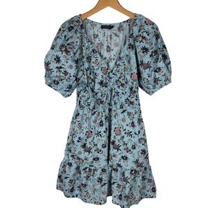 Vineyard Vines Poplin Floral Puff Sleeve Mini Dress Womens Small Blue Smocked